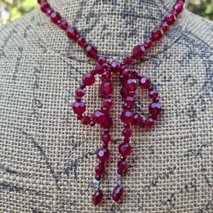 Red Faceted Glass Beaded Bow Statement Necklace